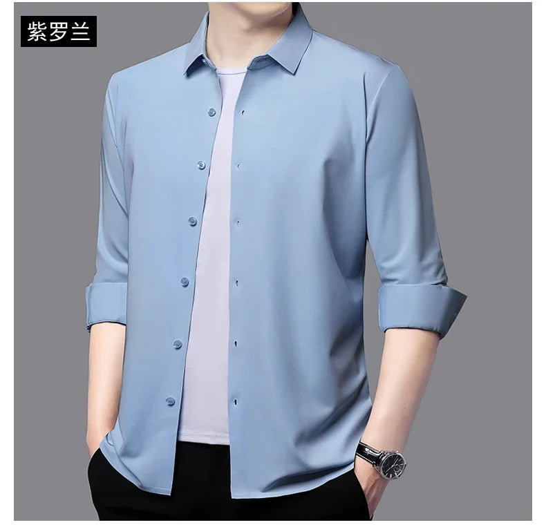 Seamless Anti-wrinkle Business Silky High Elastic Spandex Men's Long-sleeved Shirt Formal Social Non-iron Solid Color Casual