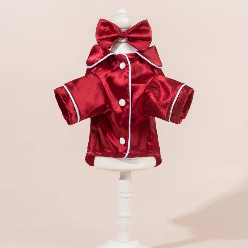Dog Pajamas Set with Bow Headband, Satin Pet Sleepwear, Cute Soft Puppy Clothes for Small Dogs and Cats