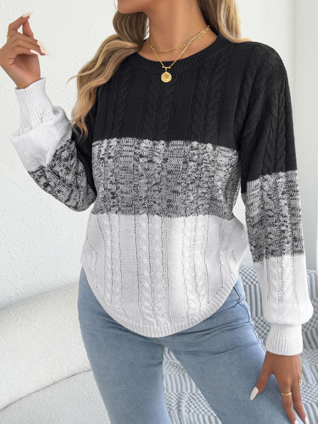 Woman Casual Color Block Striped Sweater Round Neck Lantern Long Sleeve Twist Knitted Tops for 2026 Autumn Winter Women Clothes