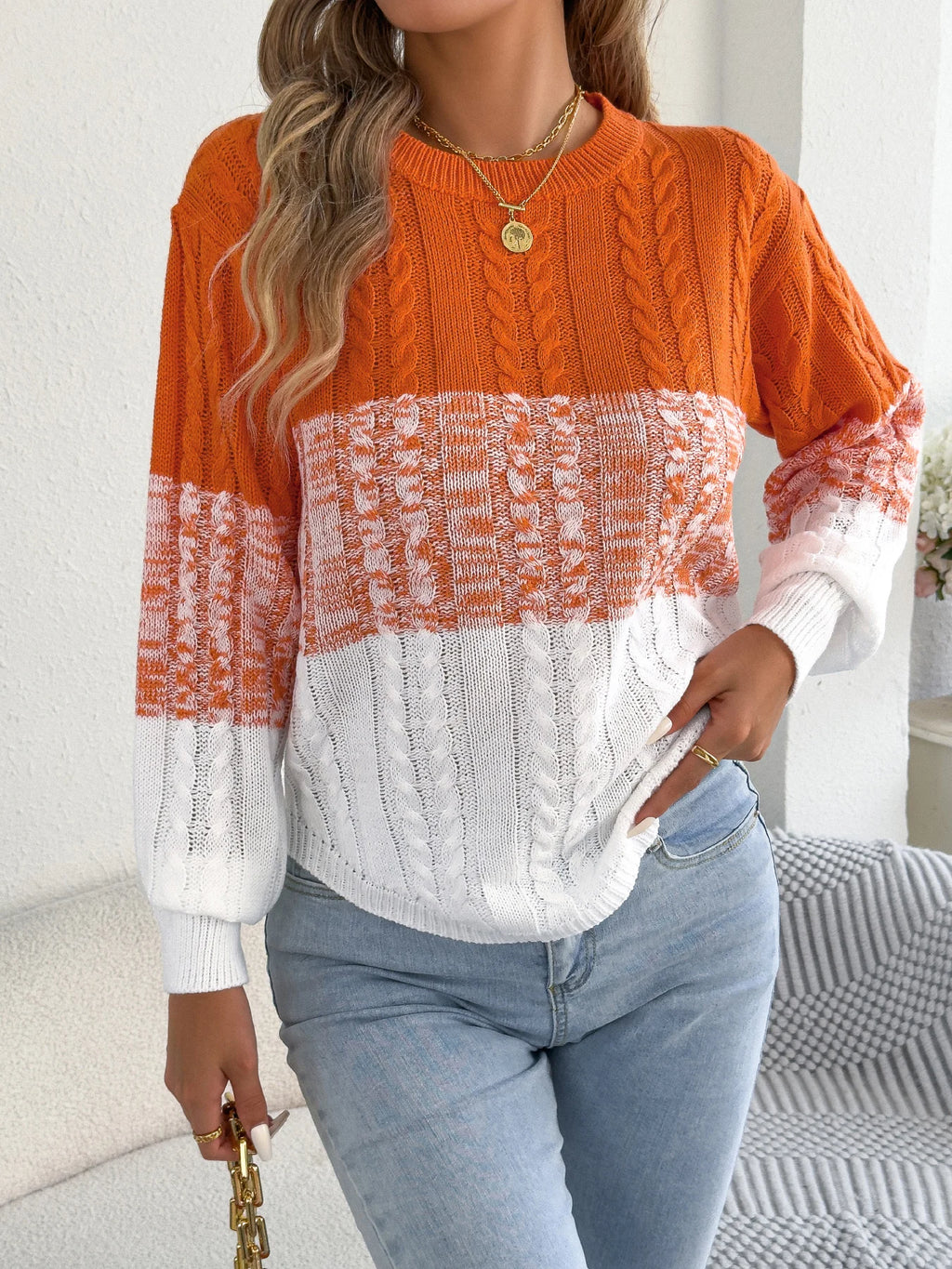Woman Casual Color Block Striped Sweater Round Neck Lantern Long Sleeve Twist Knitted Tops for 2026 Autumn Winter Women Clothes