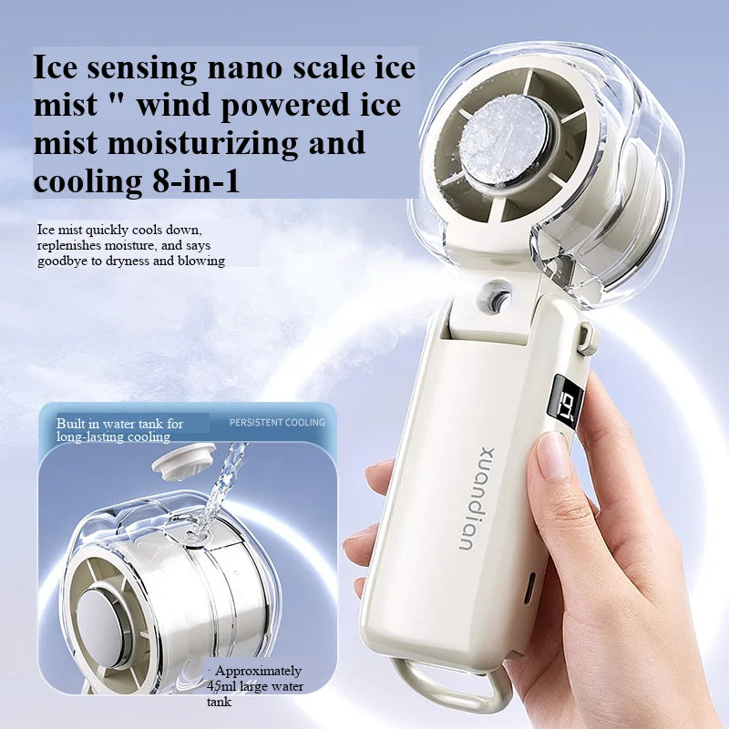 2026 New High-Speed Fan Desktop Folding Digital Display Neck-Hanging Ice Spray Humidifying Mini Handheld Small Fan