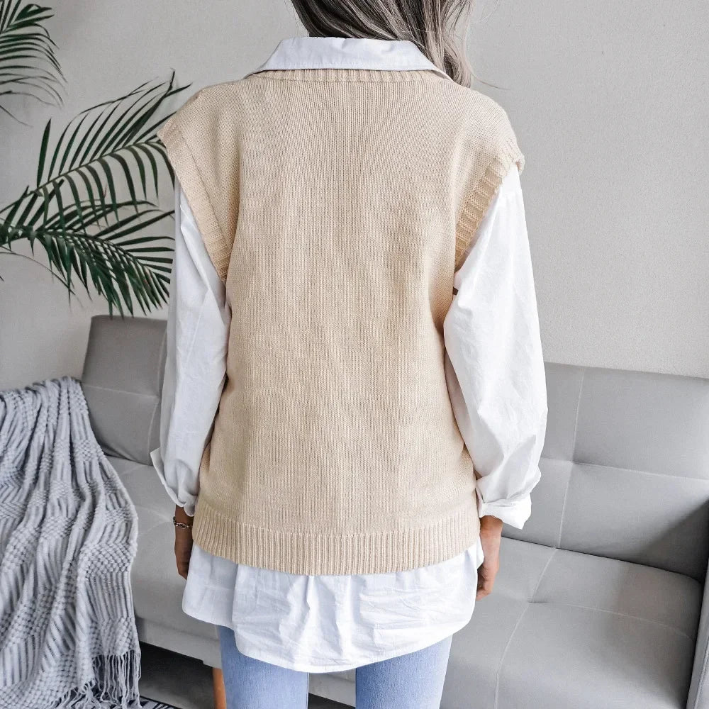 2026 Autumn Winter V-Neck Cable Knit Vest Classic Loose Fit Sweater Top Autumn Winter Casual Solid Color Sleeveless Knitwear