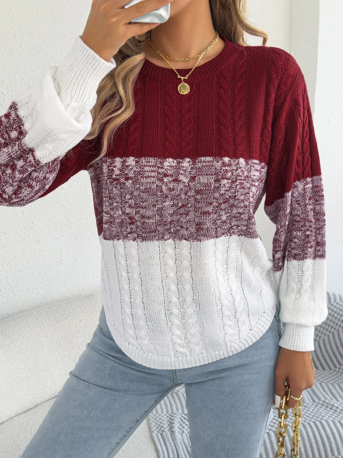 Woman Casual Color Block Striped Sweater Round Neck Lantern Long Sleeve Twist Knitted Tops for 2026 Autumn Winter Women Clothes