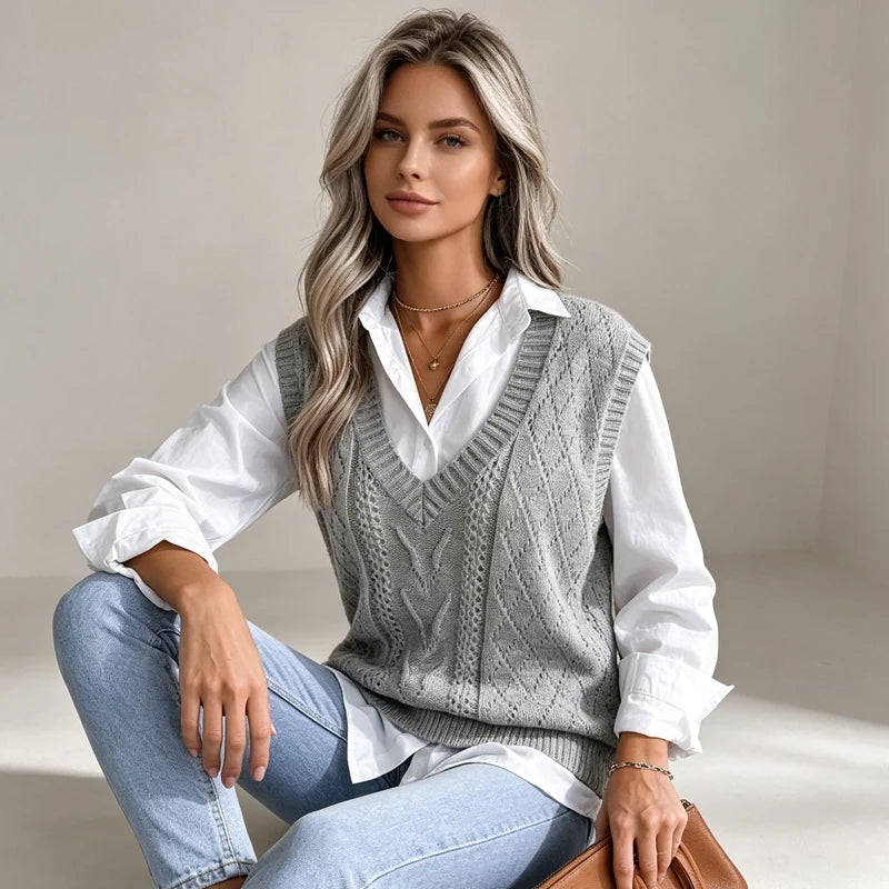 2026 Autumn Winter V-Neck Cable Knit Vest Classic Loose Fit Sweater Top Autumn Winter Casual Solid Color Sleeveless Knitwear
