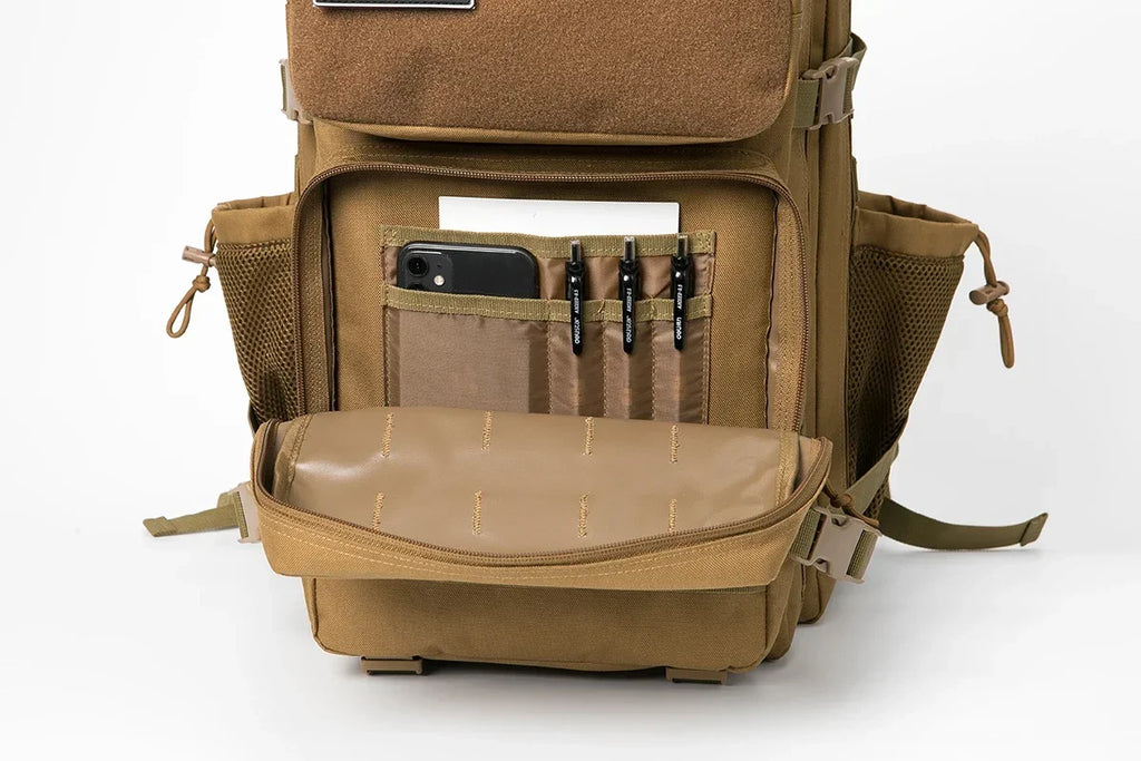 45L Large Capacity Tactical Fishing Backpack Angling Rucksack with Dual Water Bottle Cup Holders Outdoor Camping Fishing Tackle Storage Backpack for Sea Fishing Bank Fishing Hiking Trekking Travel Sports EDC Daily Carry Outdo