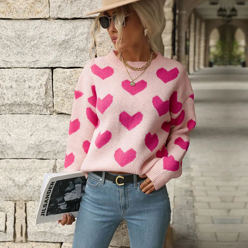 TEMUCross-Border New Products2026Autumn European and American casual top, Valentine's Day round-neck long-sleeve heart-patterned