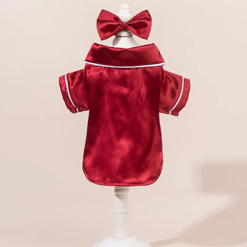 Dog Pajamas Set with Bow Headband, Satin Pet Sleepwear, Cute Soft Puppy Clothes for Small Dogs and Cats