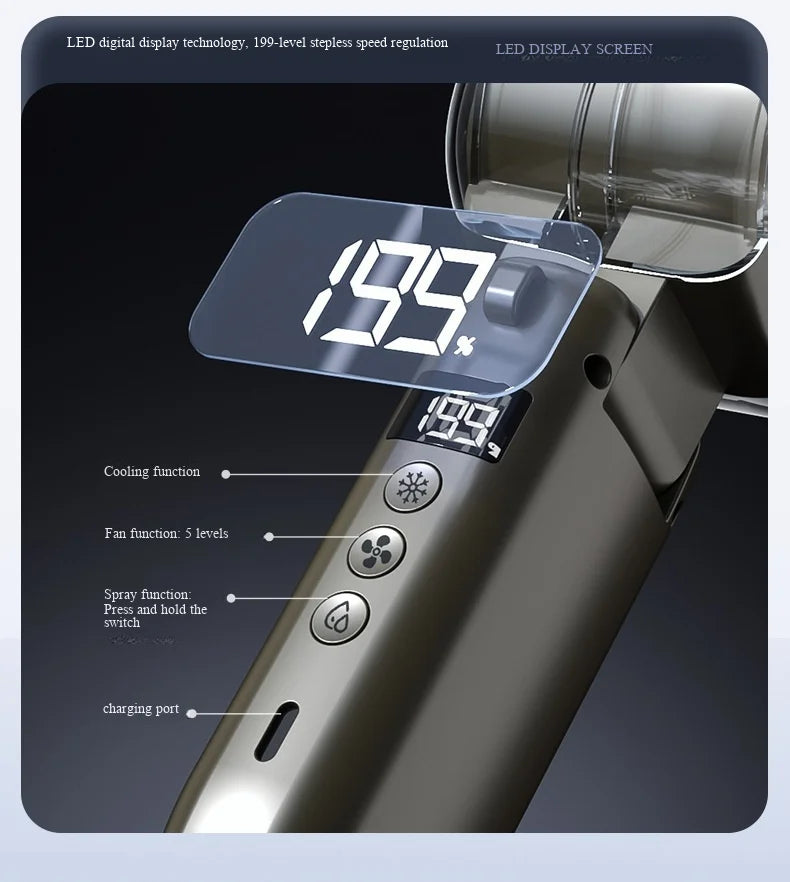 2026 New High-Speed Fan Desktop Folding Digital Display Neck-Hanging Ice Spray Humidifying Mini Handheld Small Fan