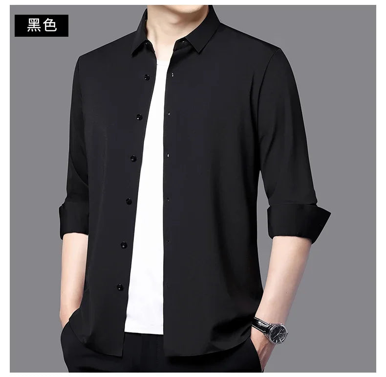 Seamless Anti-wrinkle Business Silky High Elastic Spandex Men's Long-sleeved Shirt Formal Social Non-iron Solid Color Casual