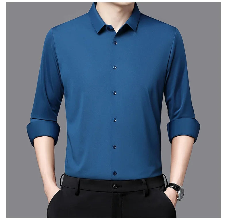 Seamless Anti-wrinkle Business Silky High Elastic Spandex Men's Long-sleeved Shirt Formal Social Non-iron Solid Color Casual
