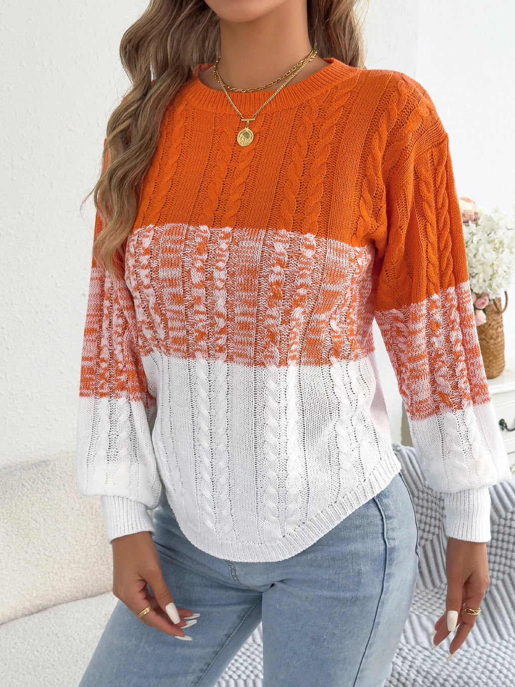 Woman Casual Color Block Striped Sweater Round Neck Lantern Long Sleeve Twist Knitted Tops for 2026 Autumn Winter Women Clothes