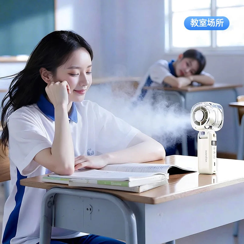 2026 New High-Speed Fan Desktop Folding Digital Display Neck-Hanging Ice Spray Humidifying Mini Handheld Small Fan